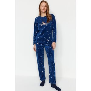 Trendyol Navy Blue with Stars Embroidery Detailed Fleece Tshirt-Pants and Knitted Pajamas Set