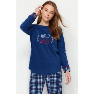 Trendyol Navy Blue Motto and Plaid Fleece Tshirt-Pants Knitted Pajamas Set