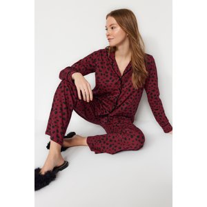 Trendyol Burgundy Animal Patterned Shirt-Pants Knitted Pajamas Set