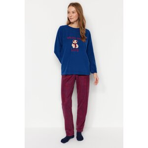 Trendyol Navy Blue Motto and Heart Fleece Tshirt-Pants Knitted Pajamas Set