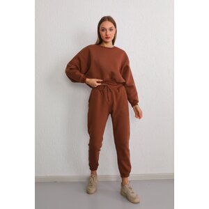 BİKELİFE Women's Brown Three Thread Raised Oversize Crop Tracksuit