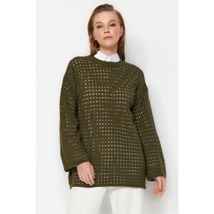 Trendyol Khaki Relaxed-Cut Knitwear Knit Sweater with Openwork/Holes and
