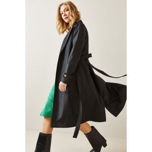 XHAN Black Double Breasted Neck Belted Trench Coat 4KXK4-47723-02