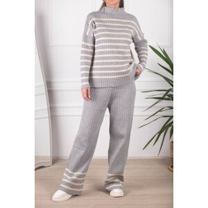 armonika Women's Gray Stripe Pattern Stand-Up Collar Knitwear Suit