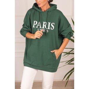 armonika Women's Green Oversized Long Sleeve Sweatshirt with Kangaroo Pocket with Lettering on the Front