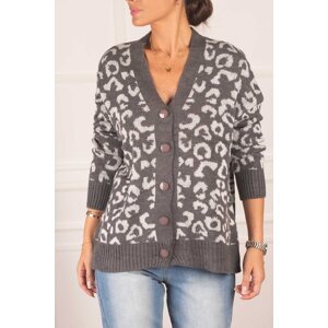 armonika Women's Anthracite Patterned Loose Cardigan with Buttons at the Front