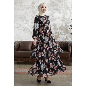 InStyle Alves Floral Belted Waist Pleated Hijab Dress - Black