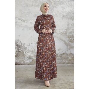 InStyle Seba Floral Pattern Pleated Satin Dress - Bitter Brown