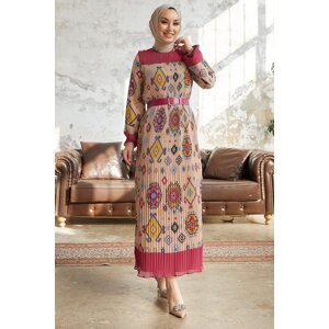InStyle Viona Patterned Pleated Dress with a Belt - Fuchsia