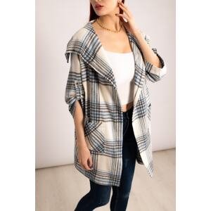 armonika Women's Blue and White Checked Loose Jacket with Pocket
