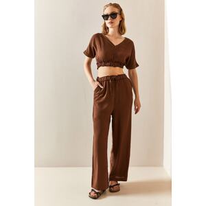 XHAN Brown V-Neck Textured Crop Suit