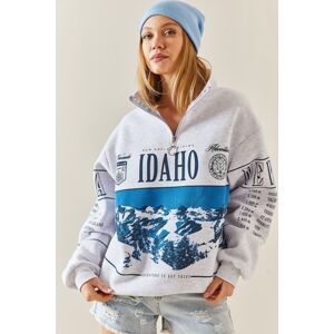 XHAN Gray Front Printed Zipper Oversize Sweatshirt