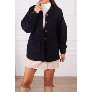 armonika Women's Navy Blue Oversized Stamped Pocket Jacket