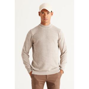 AC&Co / Altınyıldız Classics Men's Beige Melange Standard Fit Regular Cut Half Turtleneck Cotton Jacquard Knitwear Sweater