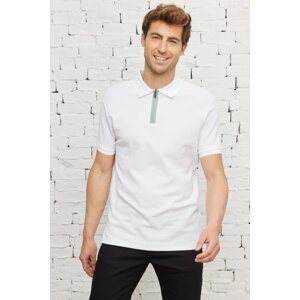 ALTINYILDIZ CLASSICS Men's White Slim Fit Slim Fit Polo Neck 100% Cotton Honeycomb Pattern Short Sleeved T-Shirt.
