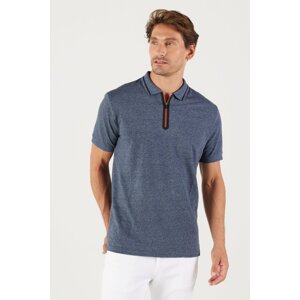 ALTINYILDIZ CLASSICS Men's Navy Melange Slim Fit Slim Fit Zippered Polo Collar Cotton Short Sleeved T-Shirt.