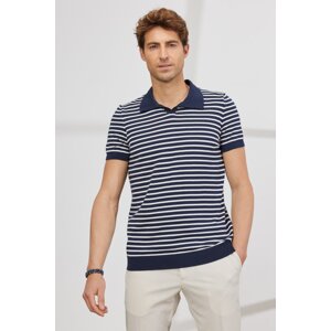 AC&Co / Altınyıldız Classics Men's Navy Blue-White Standard Fit Regular Cut Polo Neck 100% Cotton Short Sleeves Striped Knitwear T-Shirt.