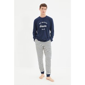 Trendyol Navy Blue Men's Regular Fit Printed Undercut Knitted Pajamas Set