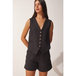 Happiness İstanbul Women's Black Linen Vest Shorts Set