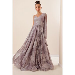 By Saygı Lilac One-Shoulder Waist Bead Detailed Lined Silvery Long Dress