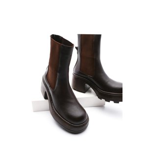 Marjin Women's Genuine Leather Casual Boots Thick Sole with Elastic Side Bands Fleece Brown.