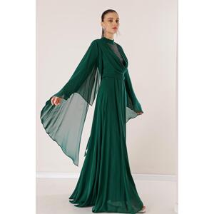 By Saygı Lined Wide Body Interval Long Chiffon Dress With Bead Detailed Waist And Belt In The Front