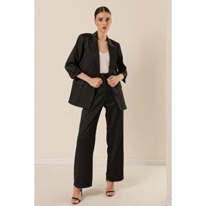 By Saygı Buttoned Double Sleeve Lined Jacket Front Pleated Side Pocket Wide Leg Trousers Satin 2 Pcs Suit Black