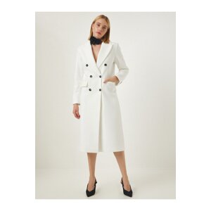 Happiness İstanbul Women's White Premium Double Breasted Collar Woolen Long Cachet Coat