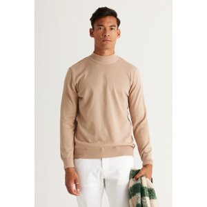 ALTINYILDIZ CLASSICS Men's Beige Melange Standard Fit Normal Cut Half Turtleneck Cotton Knitwear Sweater.