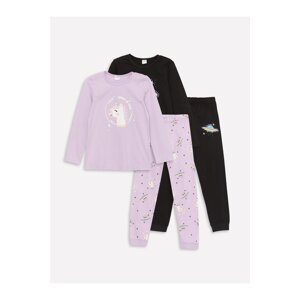 LC Waikiki Crew Neck Printed Long Sleeve Girls Kids Pajamas Set 2-Pack