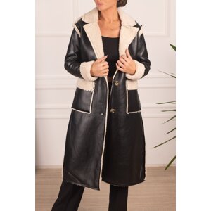 armonika Women's Ecru Sheepskin Pocket Detailed Buttoned Leather Long Coat