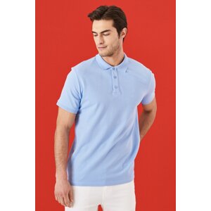 ALTINYILDIZ CLASSICS Men's Light Blue 100% Cotton Roll-Up Collar Slim Fit Slim Fit Polo Neck Short Sleeved T-Shirt.