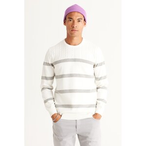 ALTINYILDIZ CLASSICS Men's Ecru-Grey Standard Fit Normal Cut Crew Neck 100% Cotton Knitwear Sweater.