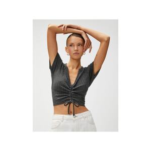 Koton Crop T-Shirt V Neck Gathered Detailed