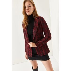 armonika Women's Burgundy Stamped Single Button Plaid Jacket