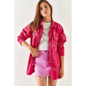 Olalook Women's Fuchsia Embroidered Pocket Oversize Cotton Shirt Jacket