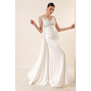 By Saygı Long Satin Dress In Ecru with Beaded Guipure and Sheer Draping