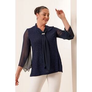 By Saygı Navy Blue Plus Size Blouse with a Scarf on the Collar and Glittery Glitter.