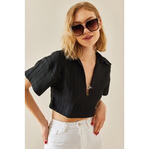 XHAN Black Textured Crop Top With Accessory Detail