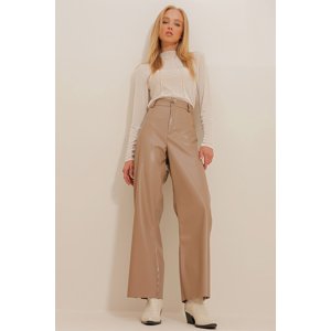 Trend Alaçatı Stili Women's Dark Beige Double Pocket Palazzo Leather Pants