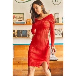 Olalook Women's Red Collar Detailed Ribbed Mini Knitwear Dress with Stone Garnish