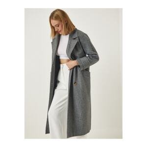 Happiness İstanbul Women's Anthracite Premium Double Breasted Collar Belted Woolen Long Cachet Coat