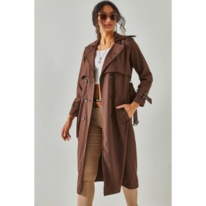 Olalook Women's Bitter Brown Belted Pocket Buttoned Trench Coat