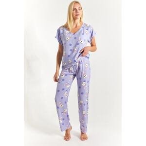 armonika Women's Lilac Rabbit Patterned Top and Bottom Pajamas Set