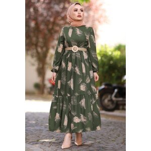 InStyle Brush Patterned Hijab Dress with a Belt - Khaki