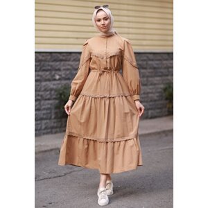 InStyle Guipure Detail Balloon Sleeve Hijab Dress - Mink