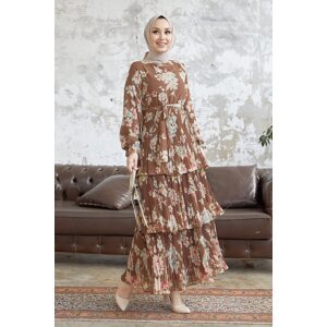 InStyle Nilya Floral Pleated Chiffon Dress - Brown