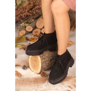 armonika WOMEN'S BLACK SUEDE THICK SOLE LAPPED SHORT BOOTS