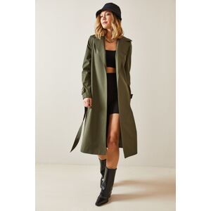 XHAN Khaki Double Breasted Neck Belted Trench Coat