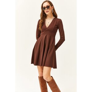 Olalook Women's Bitter Brown Double Breasted Neck Flared Mini Dress